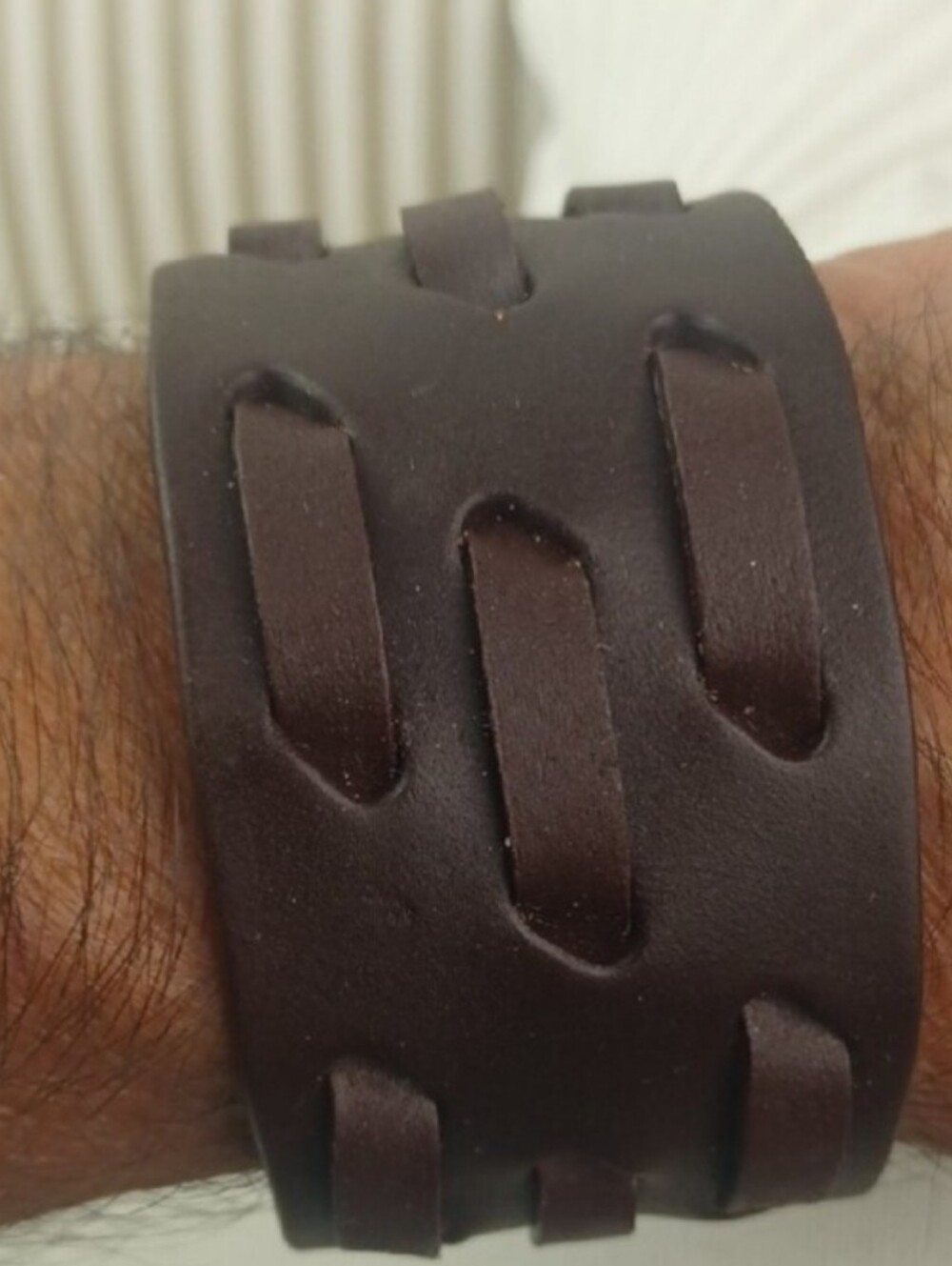 Wide Leather Classic Woven Wrap Snap Wristband Dark Brown 3 Rows of Brass Snaps